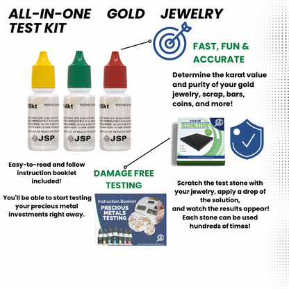 Product infographic showing an all-in-one kit for testing gold karat value and purity without damaging jewelry