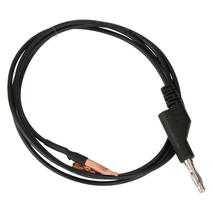 Grounding cord with copper alligator clip and silver plug for permanent jewelry welders on a white background