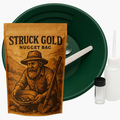 Front view of Paydirt and Starter Kit Combo 1lb showing green pan, Struck Gold Nugget Bag, vial, and small bottle