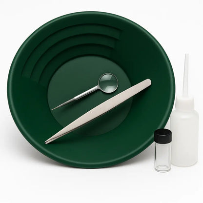 Front view of Paydirt and Starter Kit Combo 3lb with green gold pan, tweezers, inspection tool, vial, and squeeze bottle on white