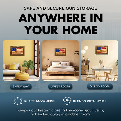 Infographic showing secure gun storage anywhere in the home, blending with entryway, living room, and dining room decor