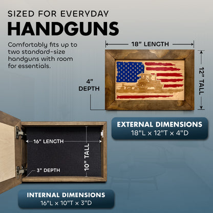 Gun cabinet dimensions showing 18 by 12 by 4 inch exterior, 16 by 10 by 3 inch interior, and space for two handguns