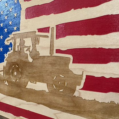 Close-up of locking gun cabinet front showcasing American flag and farmer design with red, white, and blue finish