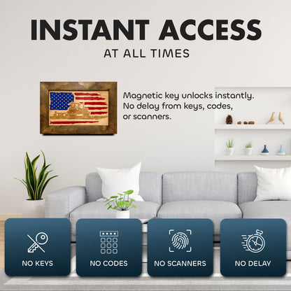 Wall-mounted locking gun cabinet with American flag and farmer design, showing instant magnetic-key access in a living room