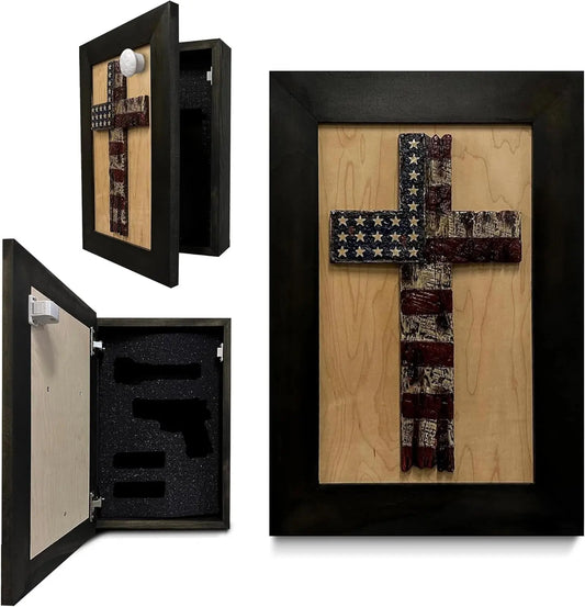 American Flag Cross Decorative Wall-Mounted Secure Gun Cabinet Bellewood Designs