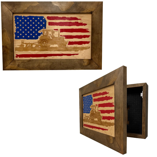 Locking Gun Cabinet Wall Mounted with American Flag and Farmer Patriotic Decorative Front Bellewood Designs