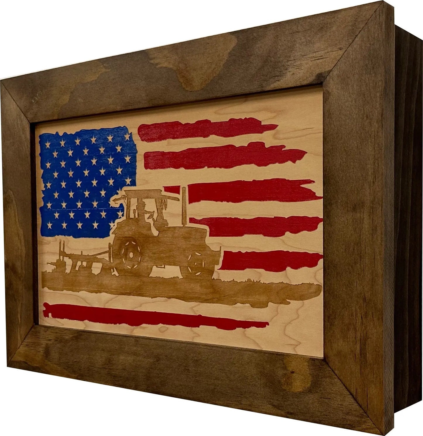 Locking Gun Cabinet Wall Mounted with American Flag and Farmer Patriotic Decorative Front Bellewood Designs