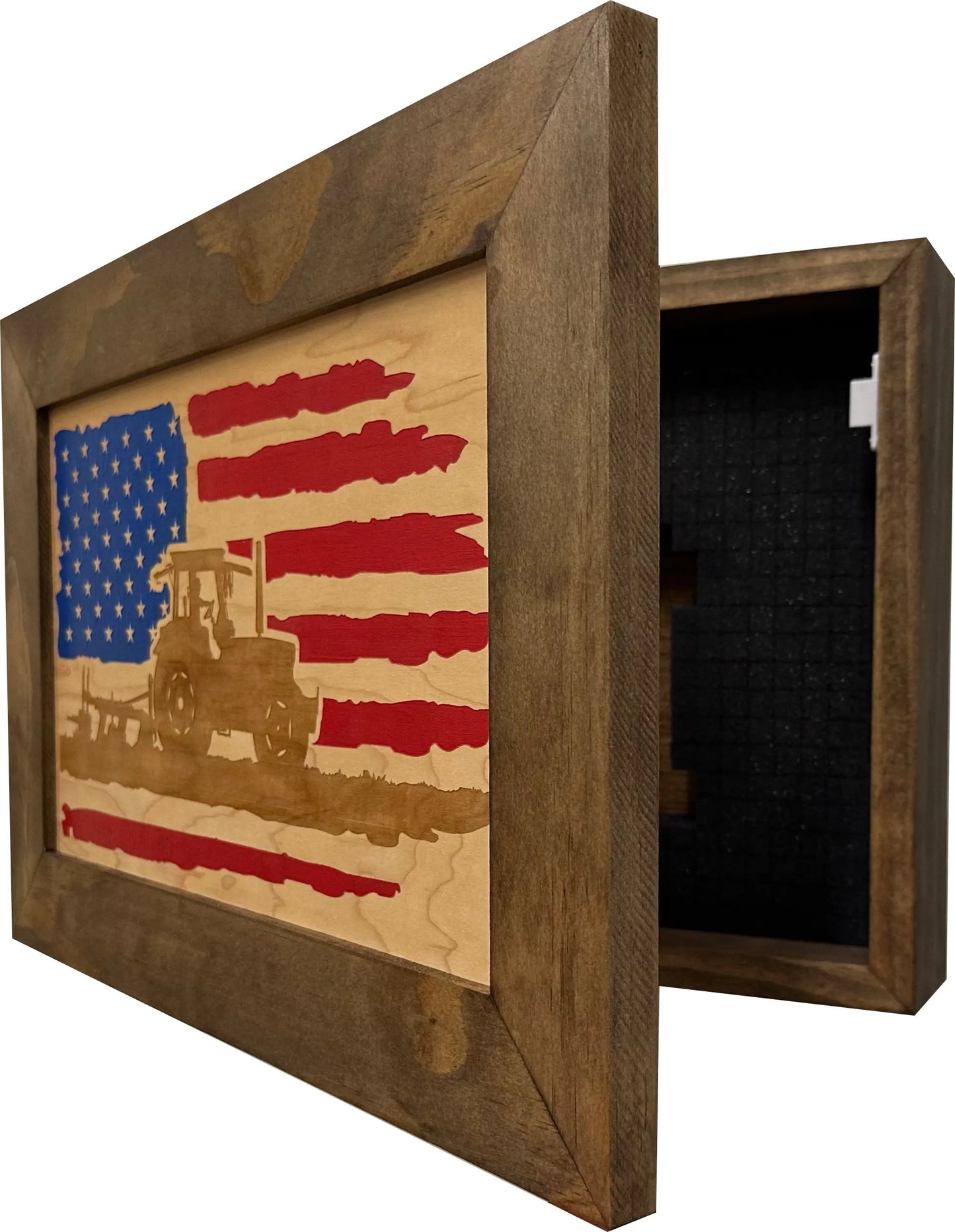 Locking Gun Cabinet Wall Mounted with American Flag and Farmer Patriotic Decorative Front Bellewood Designs