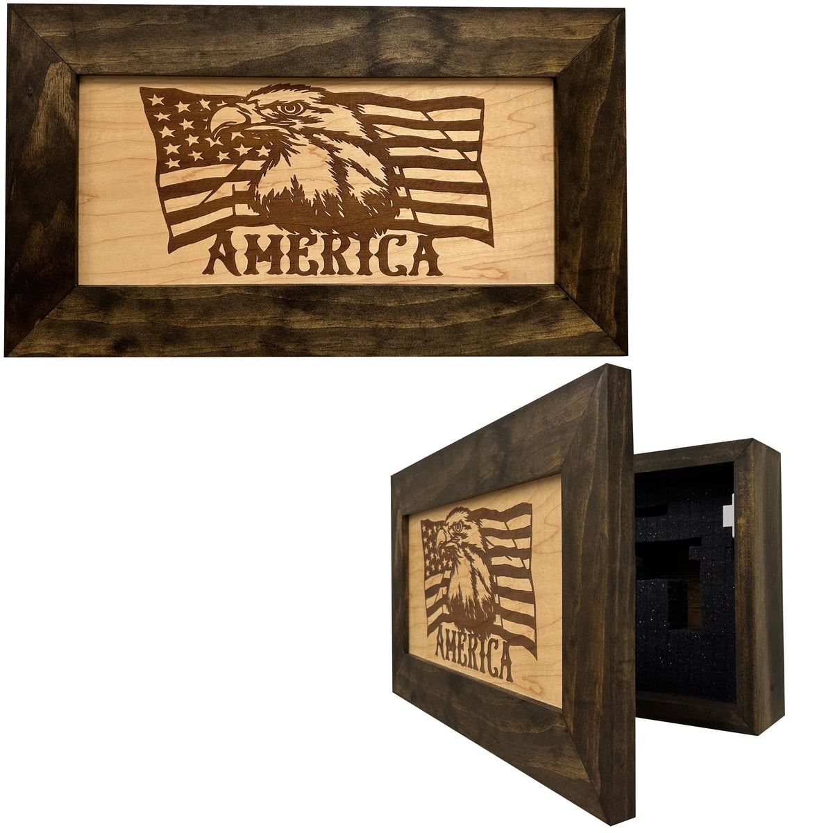 Dark wooden testing kit box with laser-engraved American flag, eagle, and “AMERICA” text; foam interior.