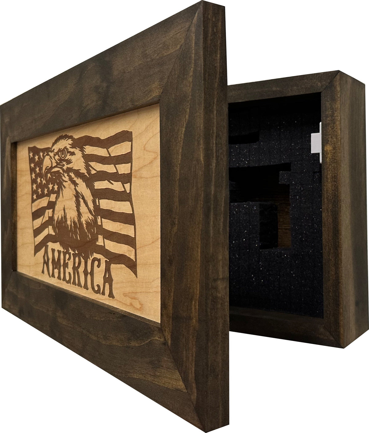 Dark brown wooden display box with open door revealing black foam interior and engraved American flag design.