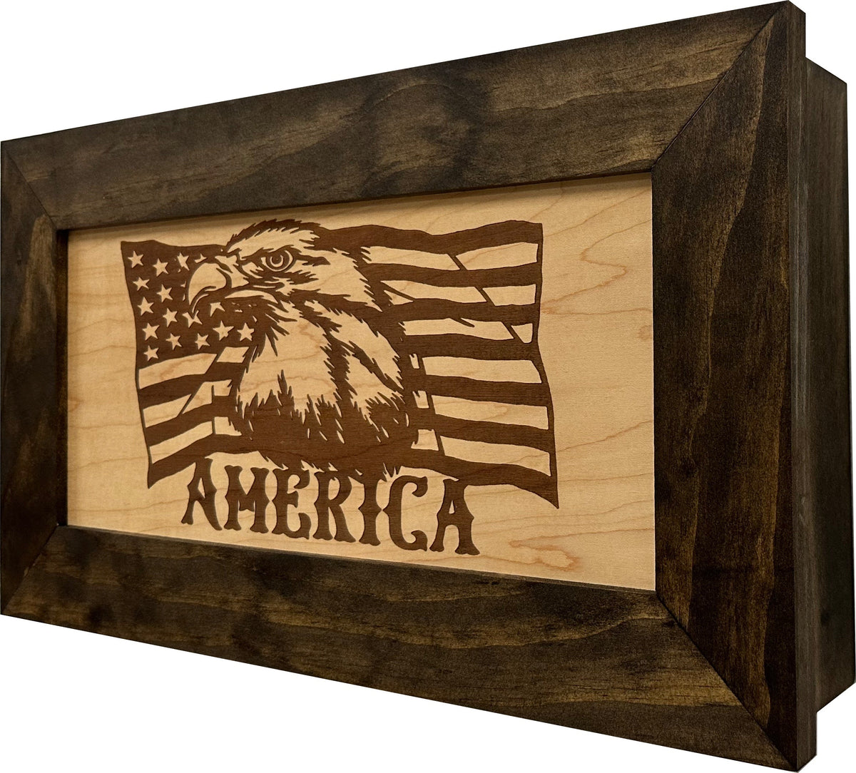 Rectangular wooden box with a dark brown frame and an engraved image of an eagle, US flag, and "AMERICA".