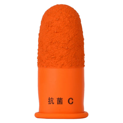 Orange rubber finger guard with textured tip, smooth base, and printed Japanese characters with C on white background