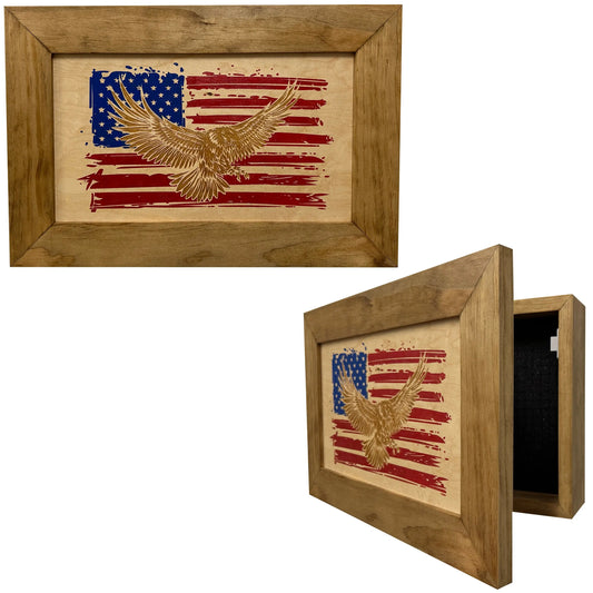 Bald Eagle & American Flag Patriotic Decorative Wall-Mounted Secure Gun Cabinet Bellewood Designs
