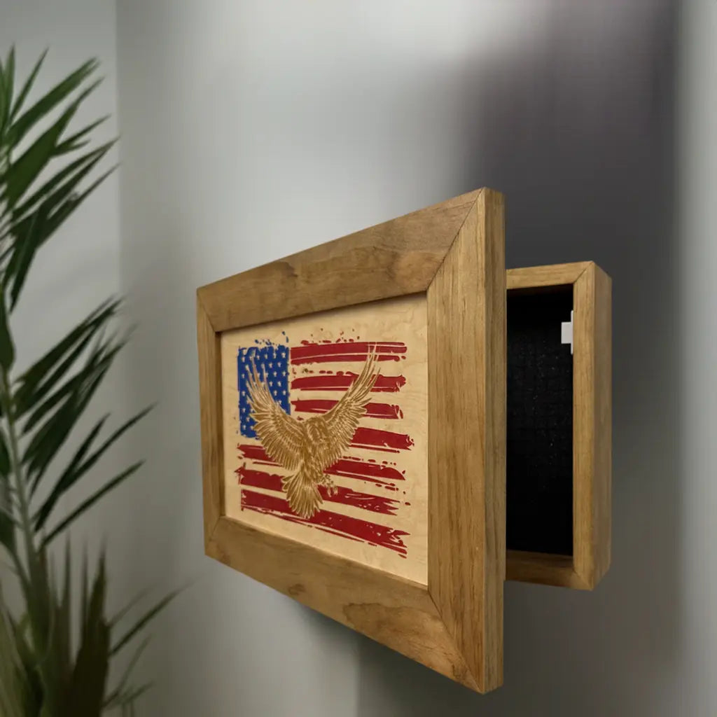 Bald Eagle & American Flag Patriotic Decorative Wall-Mounted Secure Gun Cabinet Bellewood Designs