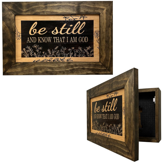 Bible Verse Decorative & Secure Wall-Mounted Gun Cabinet - Be Still and Know That I am God Psalm 46:10 Gun Safe Bellewood Designs