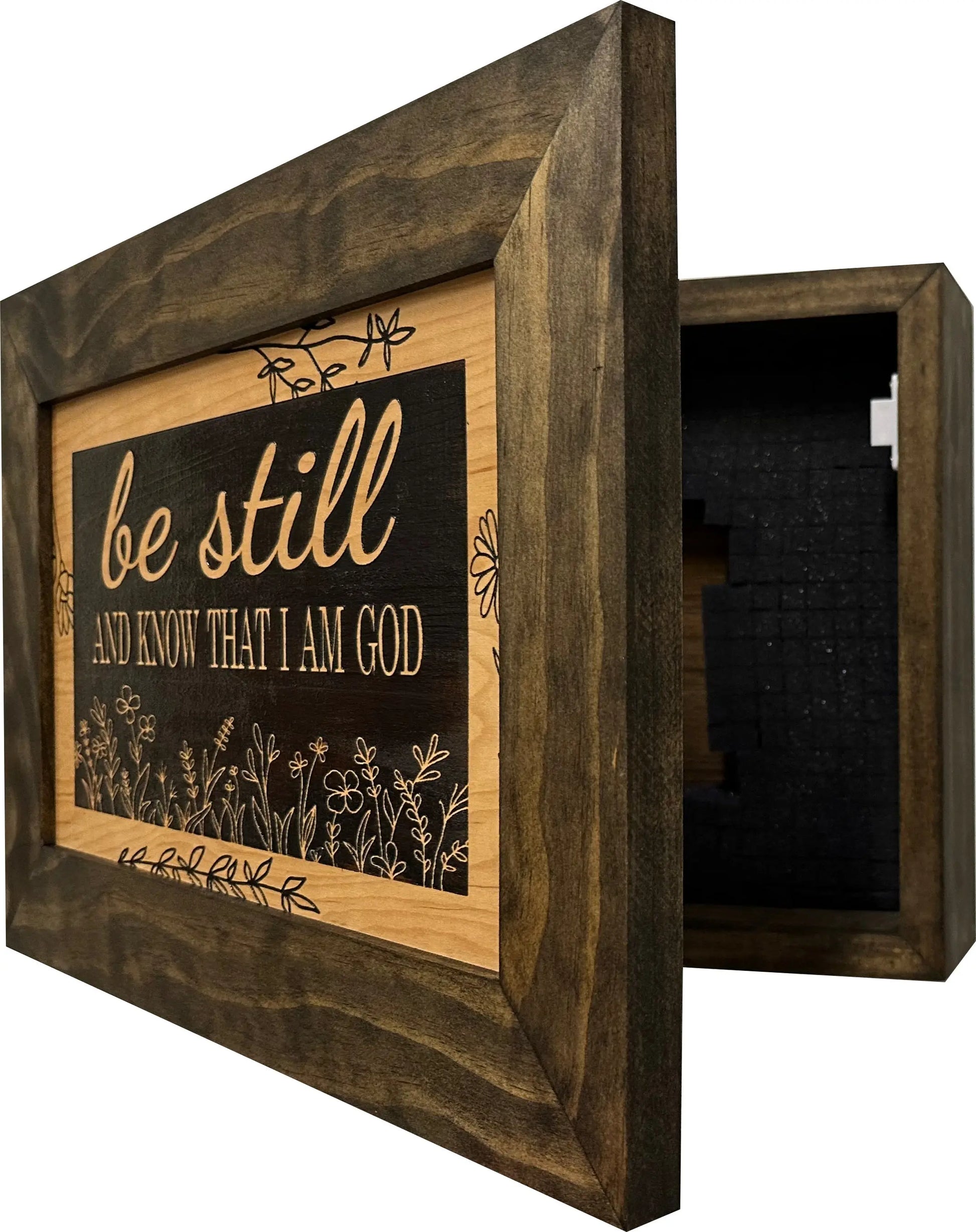Bible Verse Decorative & Secure Wall-Mounted Gun Cabinet - Be Still and Know That I am God Psalm 46:10 Gun Safe Bellewood Designs
