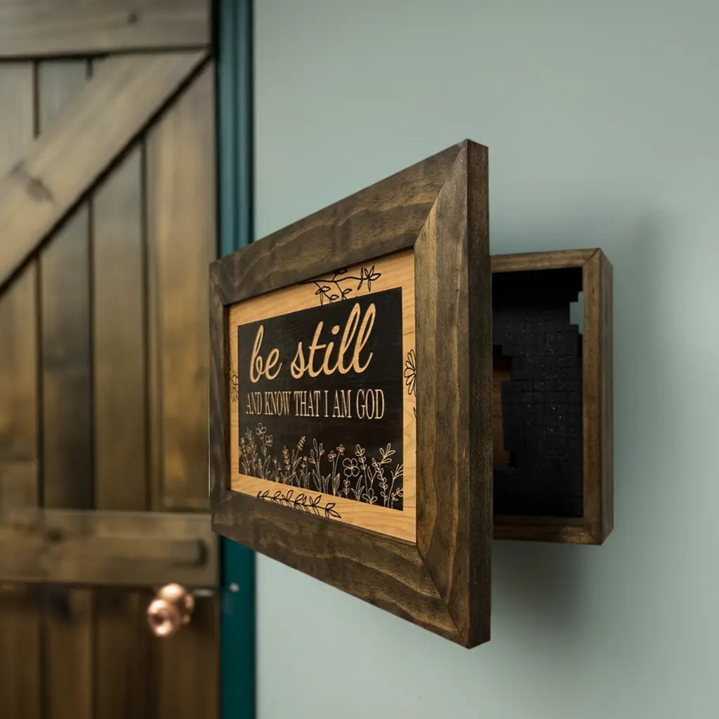 Bible Verse Decorative & Secure Wall-Mounted Gun Cabinet - Be Still and Know That I am God Psalm 46:10 Gun Safe Bellewood Designs