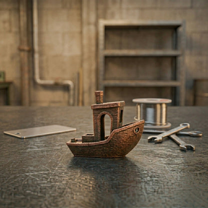 Bronze-colored, textured plastic 3D Benchy tugboat model resting on a dark metallic workbench.