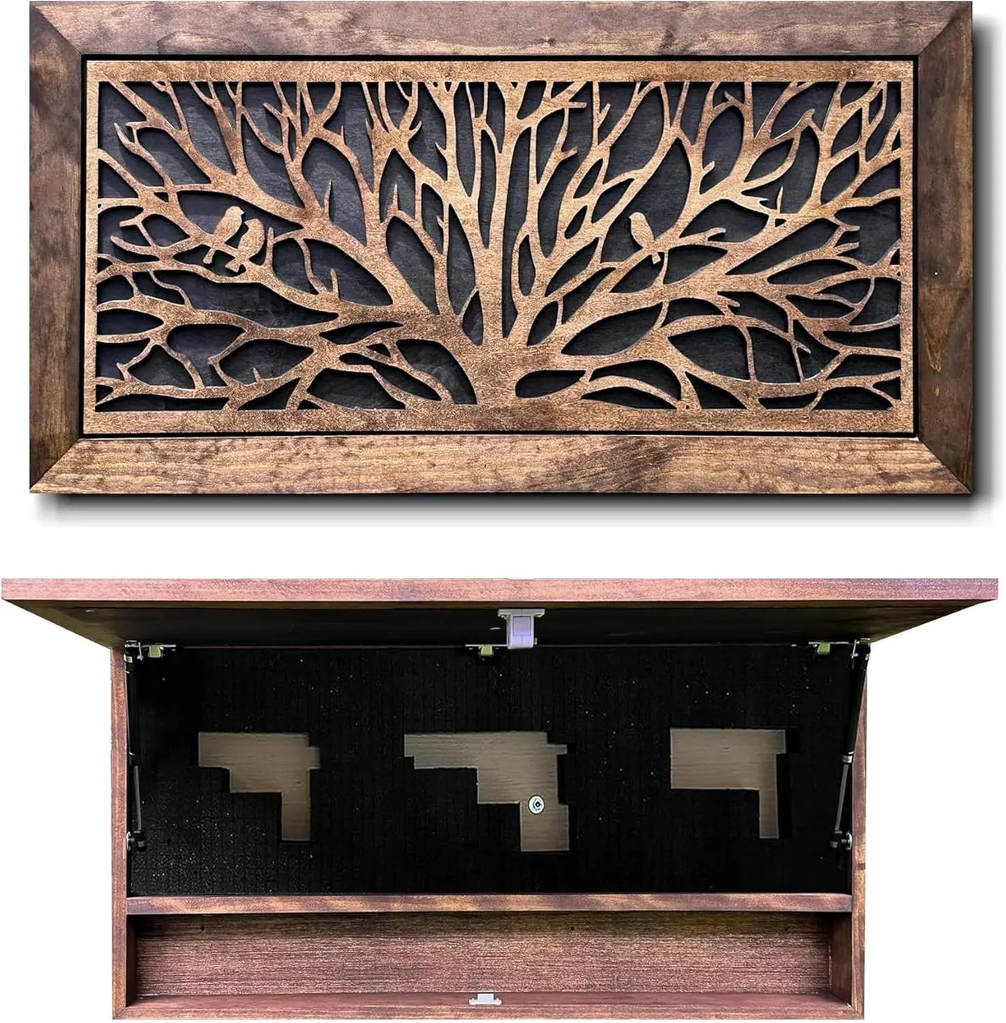 Birds in a Tree Large Gun Concealment Decor - Handcrafted Wooden Gun Cabinets - Gun Shelf Hidden Storage for Rifles, Shotguns, & Handguns - Quick Access Hidden Wall Safe Bellewood Designs