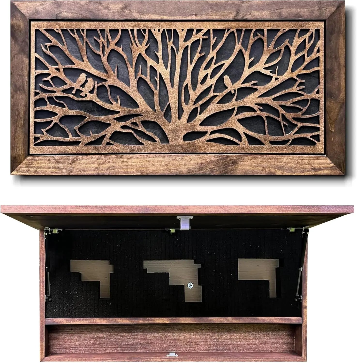 Birds in a Tree Large Gun Concealment Decor - Handcrafted Wooden Gun Cabinets - Gun Shelf Hidden Storage for Rifles, Shotguns, & Handguns - Quick Access Hidden Wall Safe Bellewood Designs