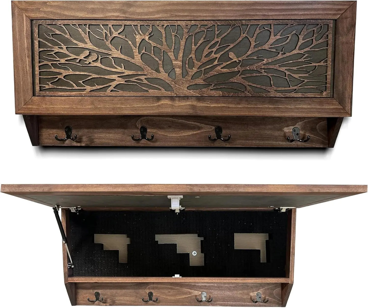 Birds in a Tree Large Gun Concealment Coat Rack - Handcrafted Wooden Gun Cabinets - Gun Shelf Hidden Storage for Rifles, Shotguns, & Handguns - Quick Access Hidden Wall Safe Bellewood Designs