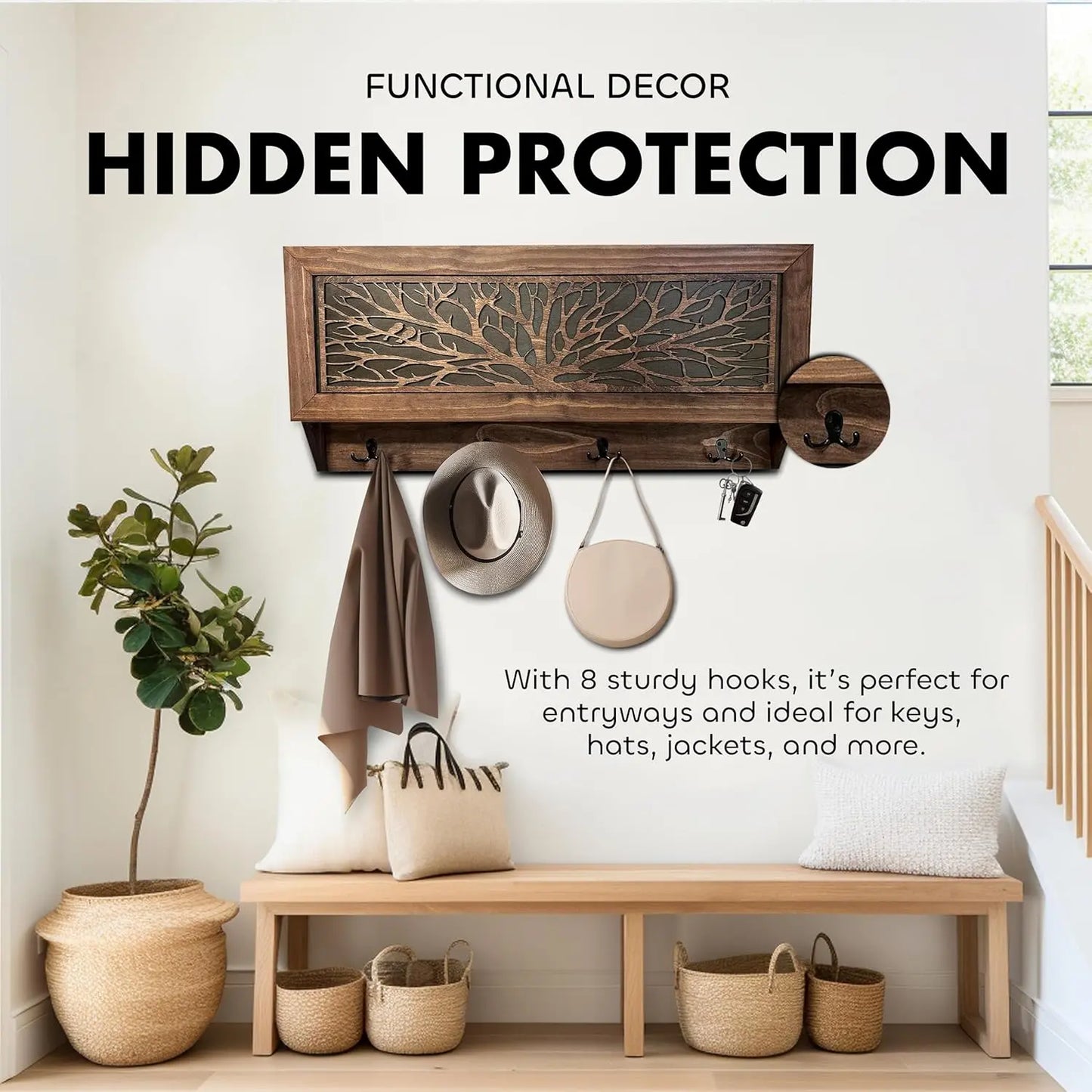 Birds in a Tree Large Gun Concealment Coat Rack - Handcrafted Wooden Gun Cabinets - Gun Shelf Hidden Storage for Rifles, Shotguns, & Handguns - Quick Access Hidden Wall Safe Bellewood Designs