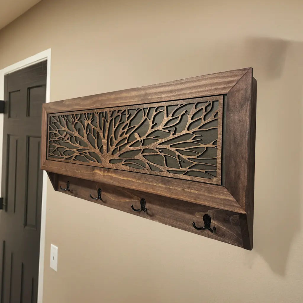 Birds in a Tree Large Gun Concealment Coat Rack - Handcrafted Wooden Gun Cabinets - Gun Shelf Hidden Storage for Rifles, Shotguns, & Handguns - Quick Access Hidden Wall Safe Bellewood Designs