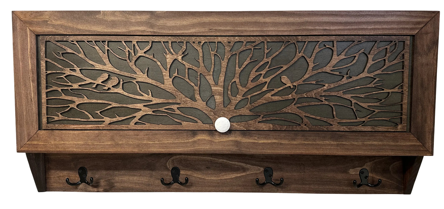 Birds in a Tree Large Gun Concealment Coat Rack - Handcrafted Wooden Gun Cabinets - Gun Shelf Hidden Storage for Rifles, Shotguns, & Handguns - Quick Access Hidden Wall Safe Bellewood Designs