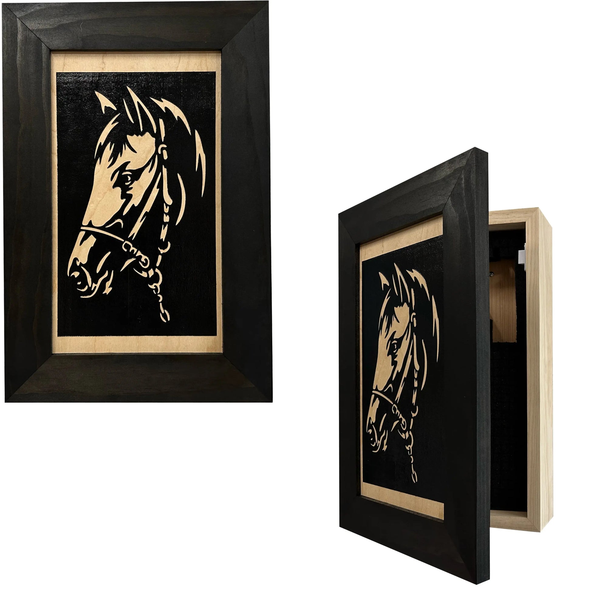Hidden Gun Safe Black Horse Wall Art Decoration - Secure Gun Cabinet by Bellewood Designs - GOLD TESTING EQUIPMENT