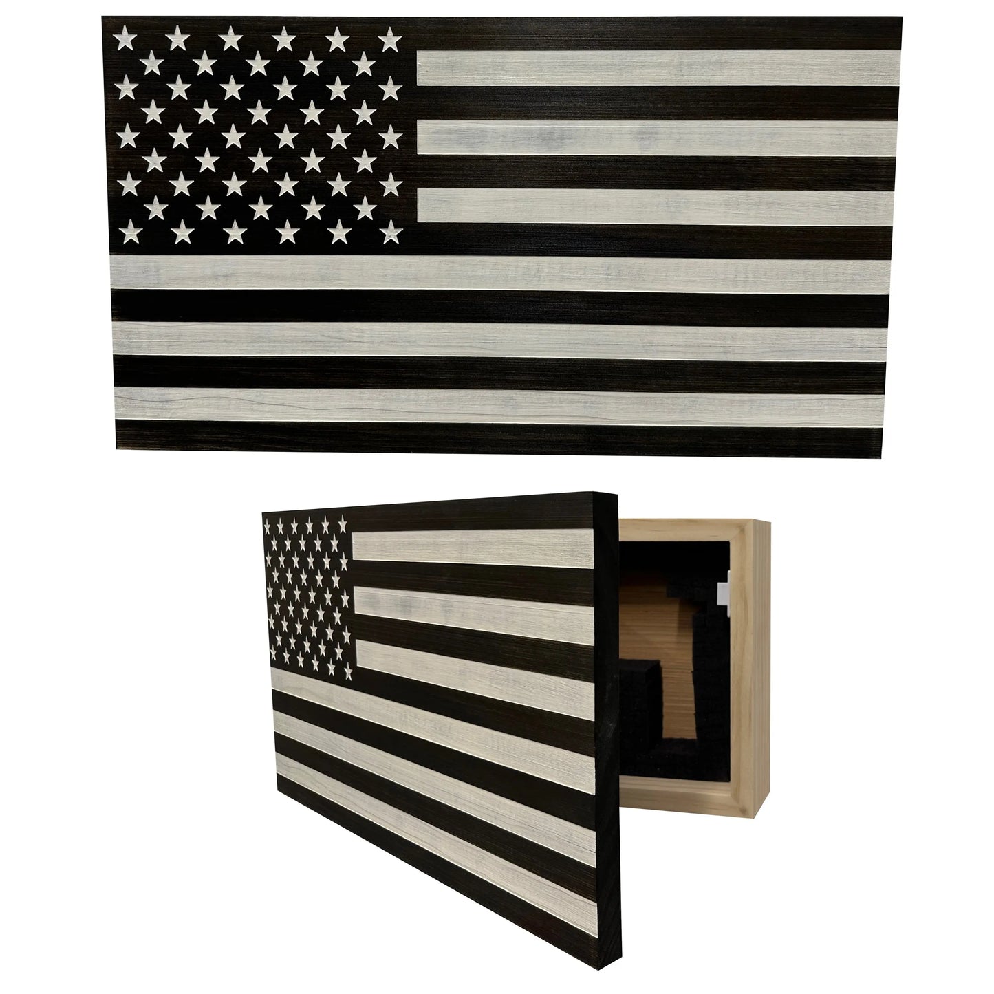 American Flag Decorative & Secure Wall-Mounted Gun Cabinet (Black & White Distressed) Bellewood Designs
