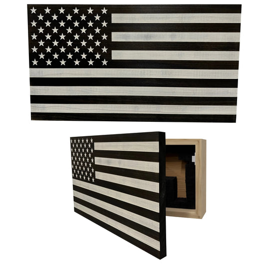 American Flag Decorative & Secure Wall-Mounted Gun Cabinet (Black & White Distressed) Bellewood Designs