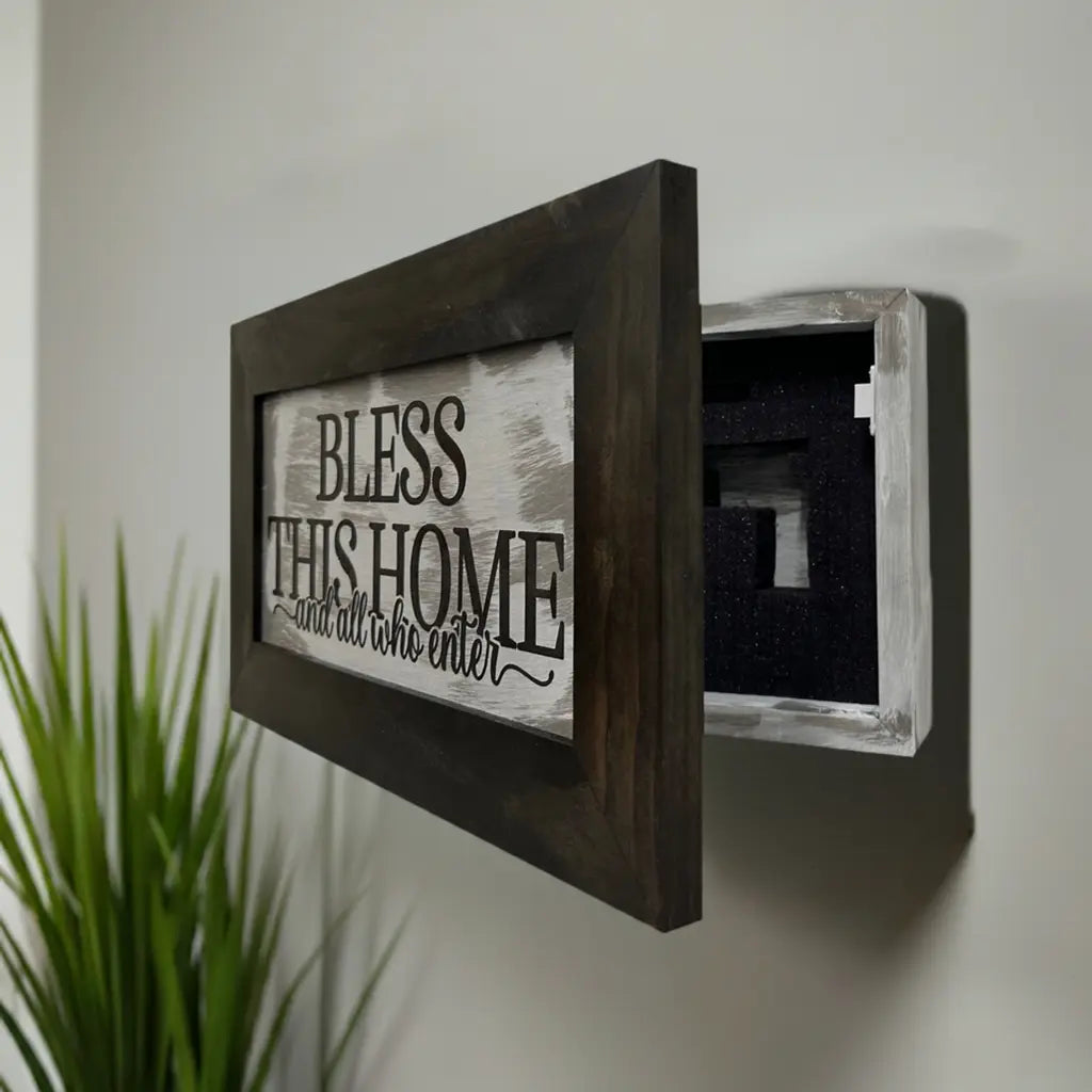 Bless This Home and All Who Enter Hidden Gun Storage Wall Decor - Hand-Painted Gun Concealment Decor - Gun Shelf Hidden Storage with Magnetic Lock for Quick Access - Made In USA Bellewood Designs