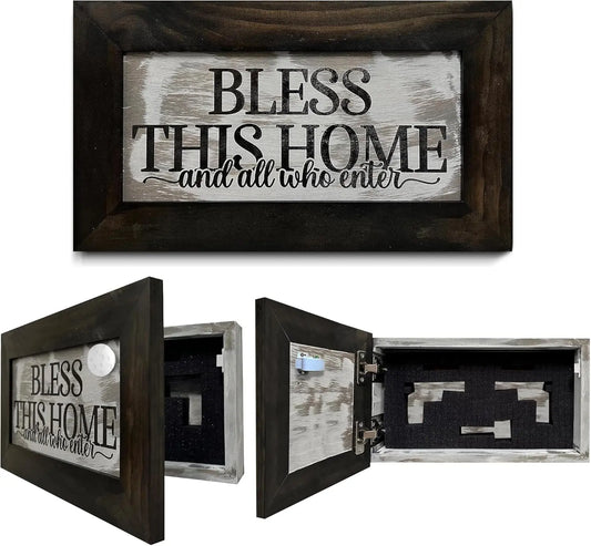 Bless This Home and All Who Enter Hidden Gun Storage Wall Decor - Hand-Painted Gun Concealment Decor - Gun Shelf Hidden Storage with Magnetic Lock for Quick Access - Made In USA Bellewood Designs