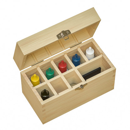 Open view of gold testing kit showcasing colored testing bottles and black testing stone with white background
