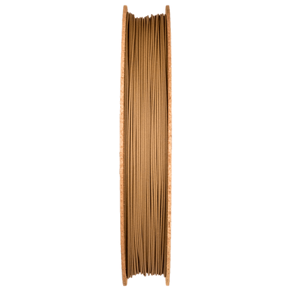 Front view of Bronze Filamet filament spool showcasing bronze-colored filament with a dark green background