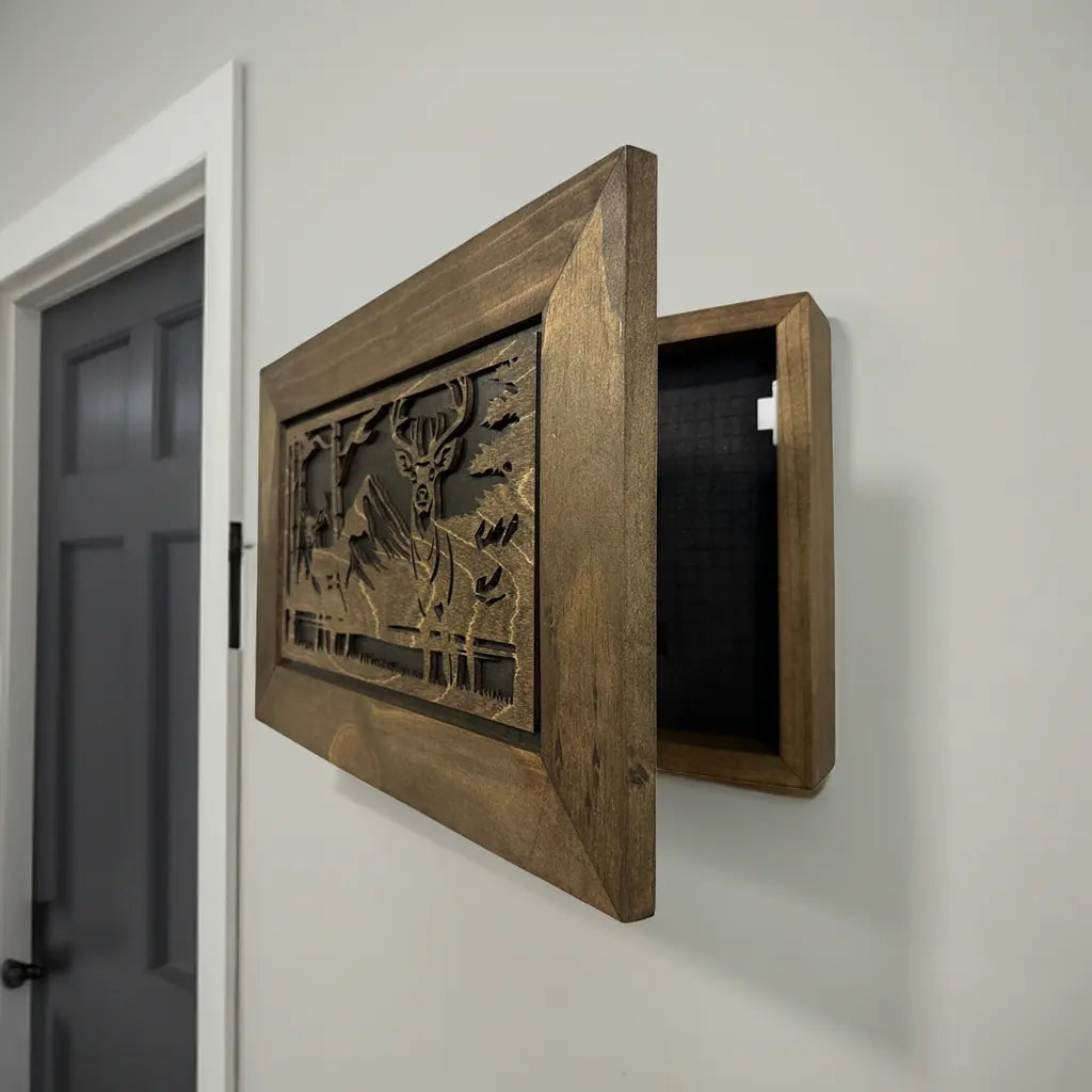 Buck and Doe in The Woods Gun Concealment Furniture - Handcrafted Hidden Gun Storage Wall Decor - Hidden Gun Shelf with Magnetic Lock for Quick Access Bellewood Designs