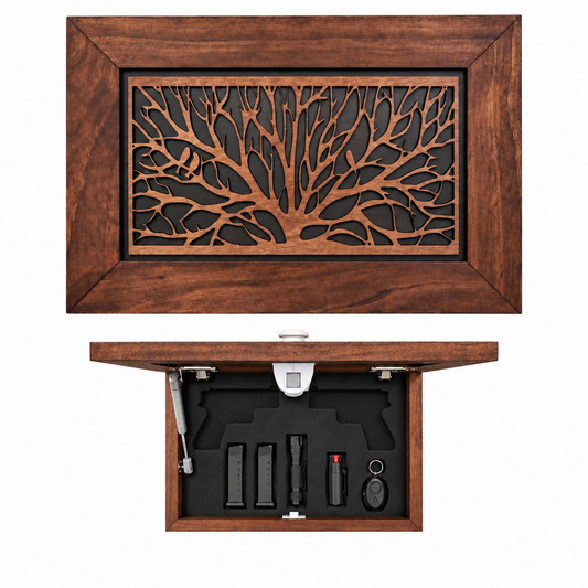 Front and open view of a wooden hidden gun safe showcasing a tree cutout door and foam-lined compartment on a white background
