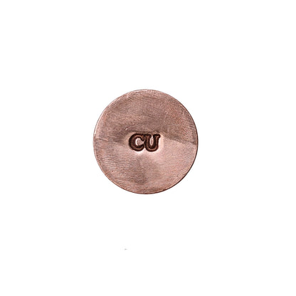 Front view of a hardened steel jeweler’s metal stamp showcasing an engraved CU hallmark on a white background