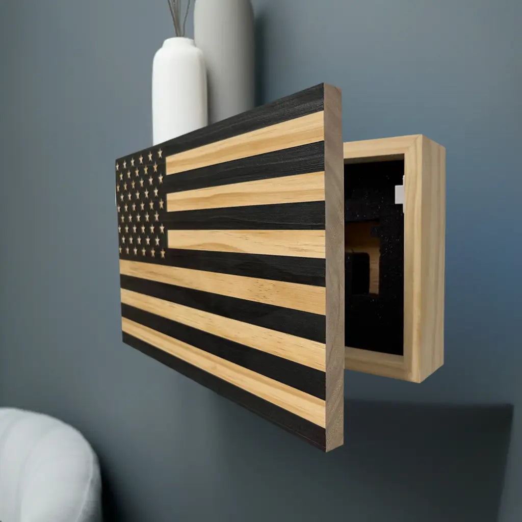 American Flag Decorative & Secure Wall-Mounted Gun Cabinet (Carbon Gray) - GOLD TESTING EQUIPMENT