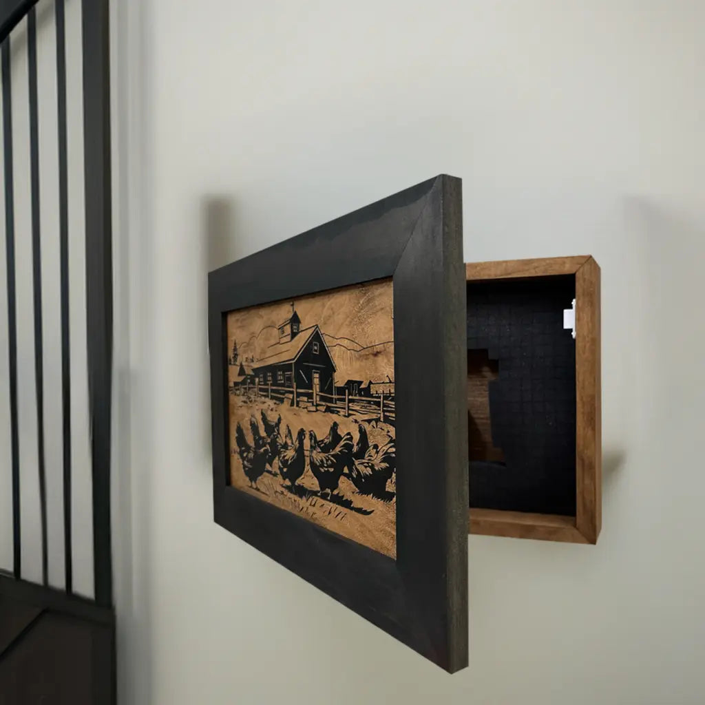 Chicken Farm Hidden Gun Safe - Handcrafted Gun Concealment Decor - Hidden Gun Shelf with Magnetic Lock for Quick Access - Hidden Wall Safe for Secure Storage - Made in USA Bellewood Designs