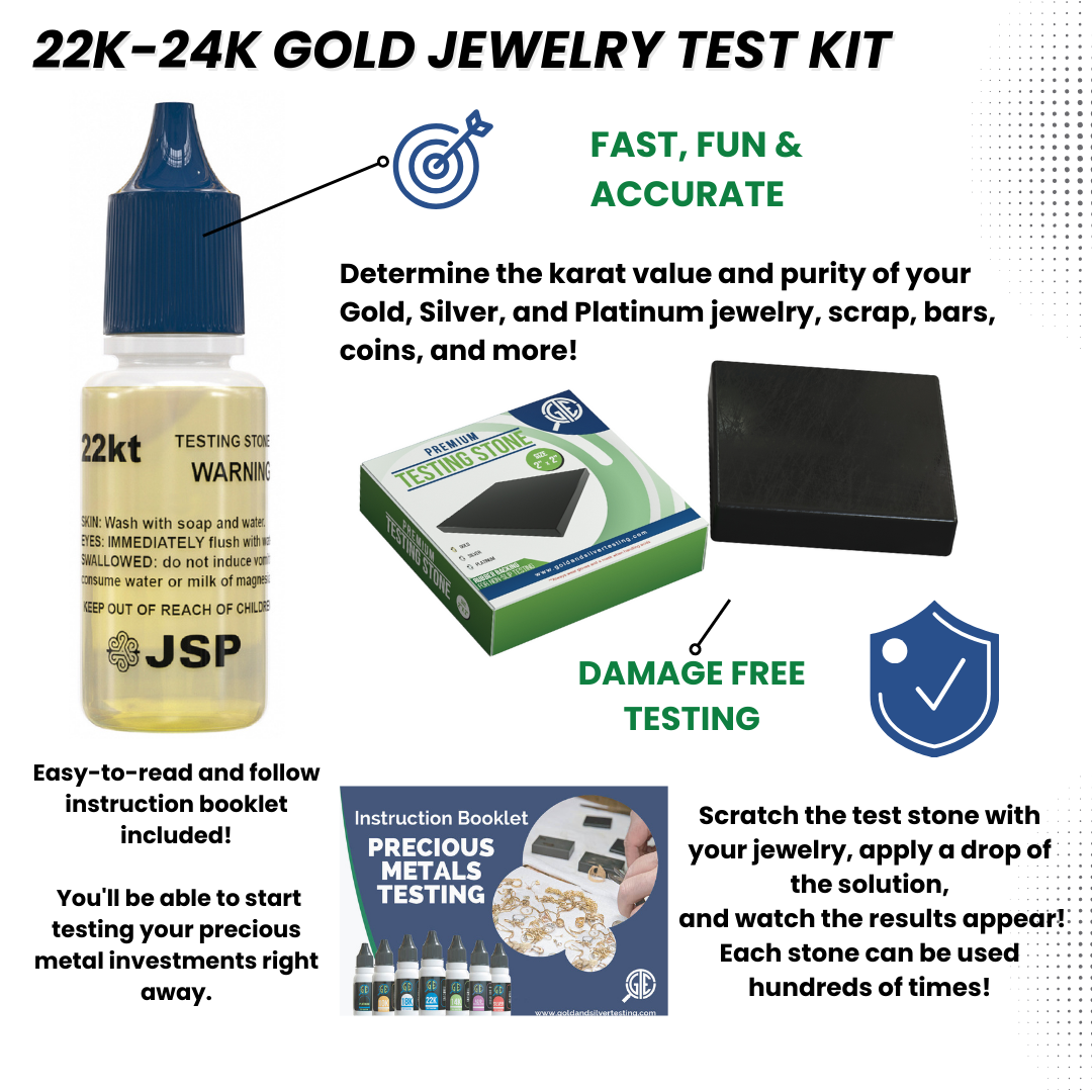 JSP 22k 24K Gold Jewelry Acid Test Kit for Bars Coins Precious Metals w/ GTE Test Stone