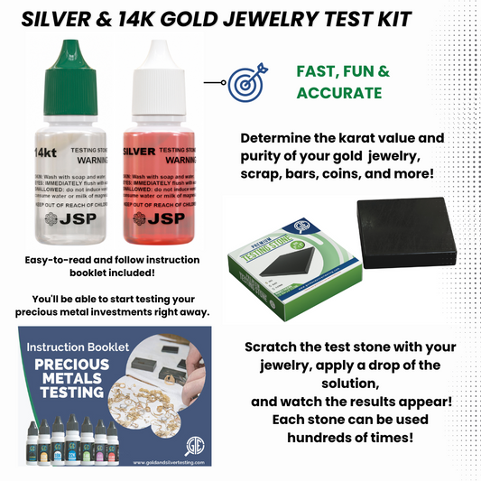 JSP Silver & 14K Gold Jewelry Acid Test Apprail Kit Detect 999 925 Sterling Solution with GTE Scratch Stone for Precious Metals