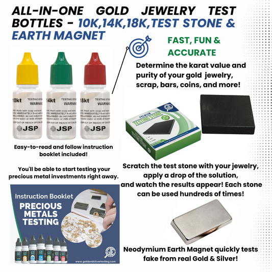 JSP Gold Testing Acid 10K 14K 18K Test Kit + Scratch Tester Stone + Rare Earth Magnet Jewelry Test Detect Precious Metals