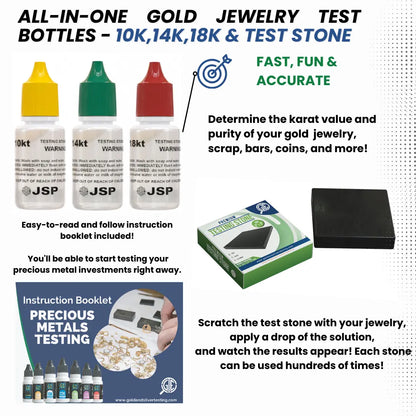 Gold 10K, 14K, and 18K jewelry acid testing kit with three test bottles, scratch stone, and instruction booklet