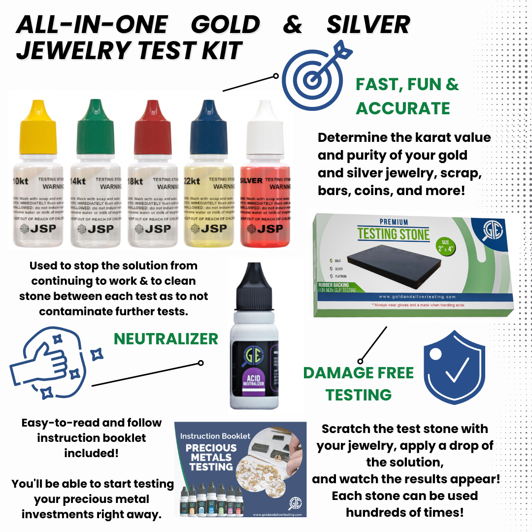 Gold and Silver Jewelry Testing Solutions Kit 10k 14k 18k 22k 24k Scratch Stone Acid Test Scrap Bars Coins