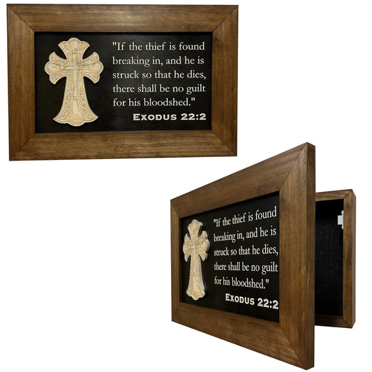 Decorative Gun Cabinet Wall-Mounted & Secure with a Cross and Exodus 22:2 - Gun safe To Securely Store Your Gun & Home Self Defense Gear Bellewood Designs