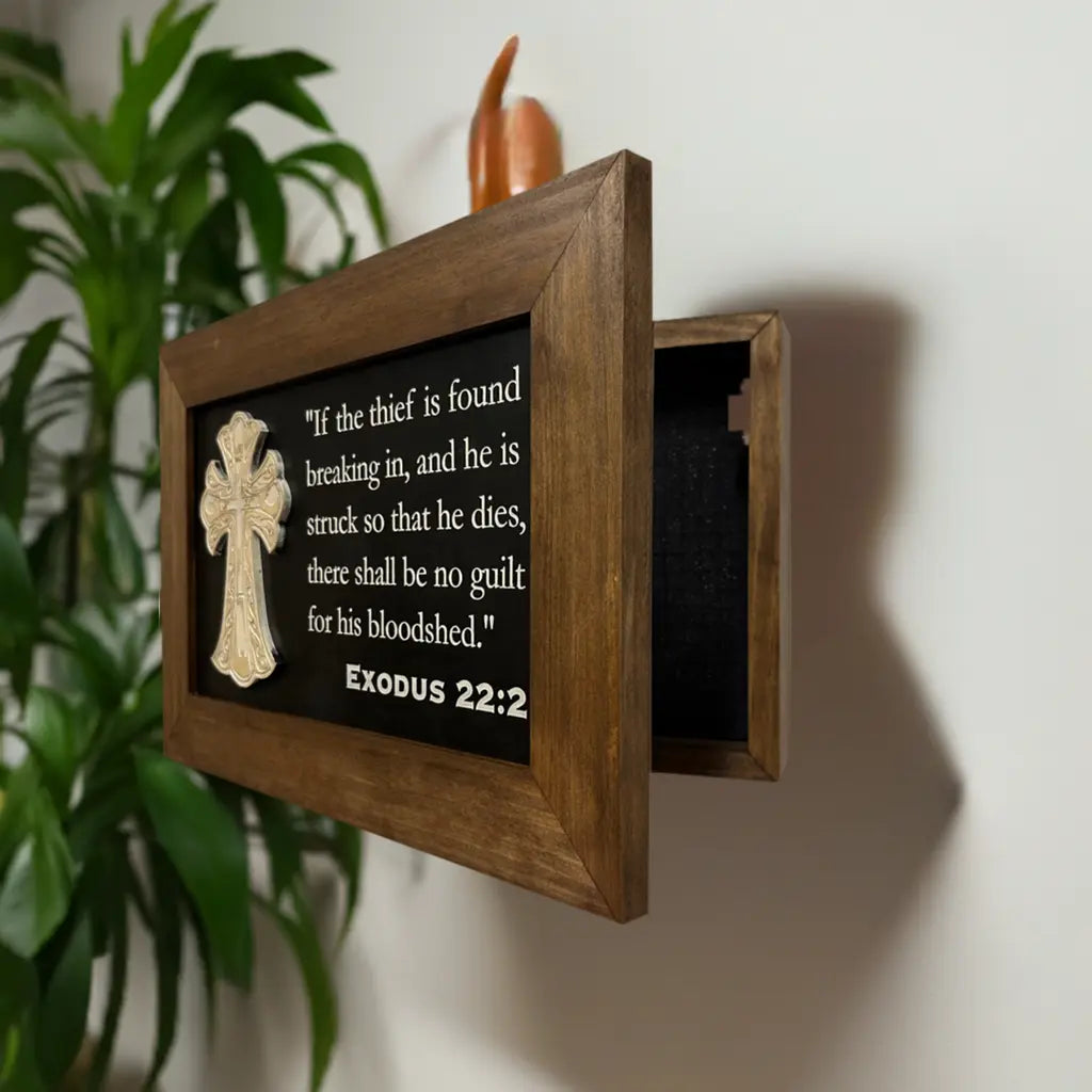 Decorative Gun Cabinet Wall-Mounted & Secure with a Cross and Exodus 22:2 - Gun safe To Securely Store Your Gun & Home Self Defense Gear Bellewood Designs