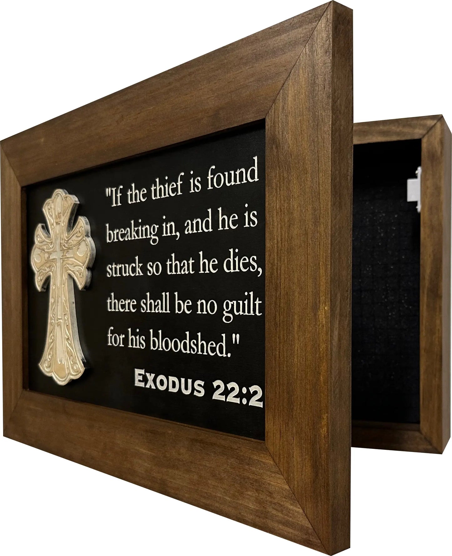Decorative Gun Cabinet Wall-Mounted & Secure with a Cross and Exodus 22:2 - Gun safe To Securely Store Your Gun & Home Self Defense Gear Bellewood Designs