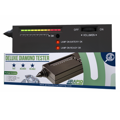 Front view of deluxe diamond tester showing illuminated scale and battery and ready indicators with packaging on white background