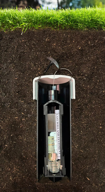 Cutaway view of DirtyMan Safe Extra Large showcasing storage with documents, cash, and coins beneath a grassy lawn